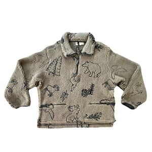 Woolrich 1/4 Zip Pullover Fleece Sherpa Pile Women’s M USA Cabin-core Animal AOP